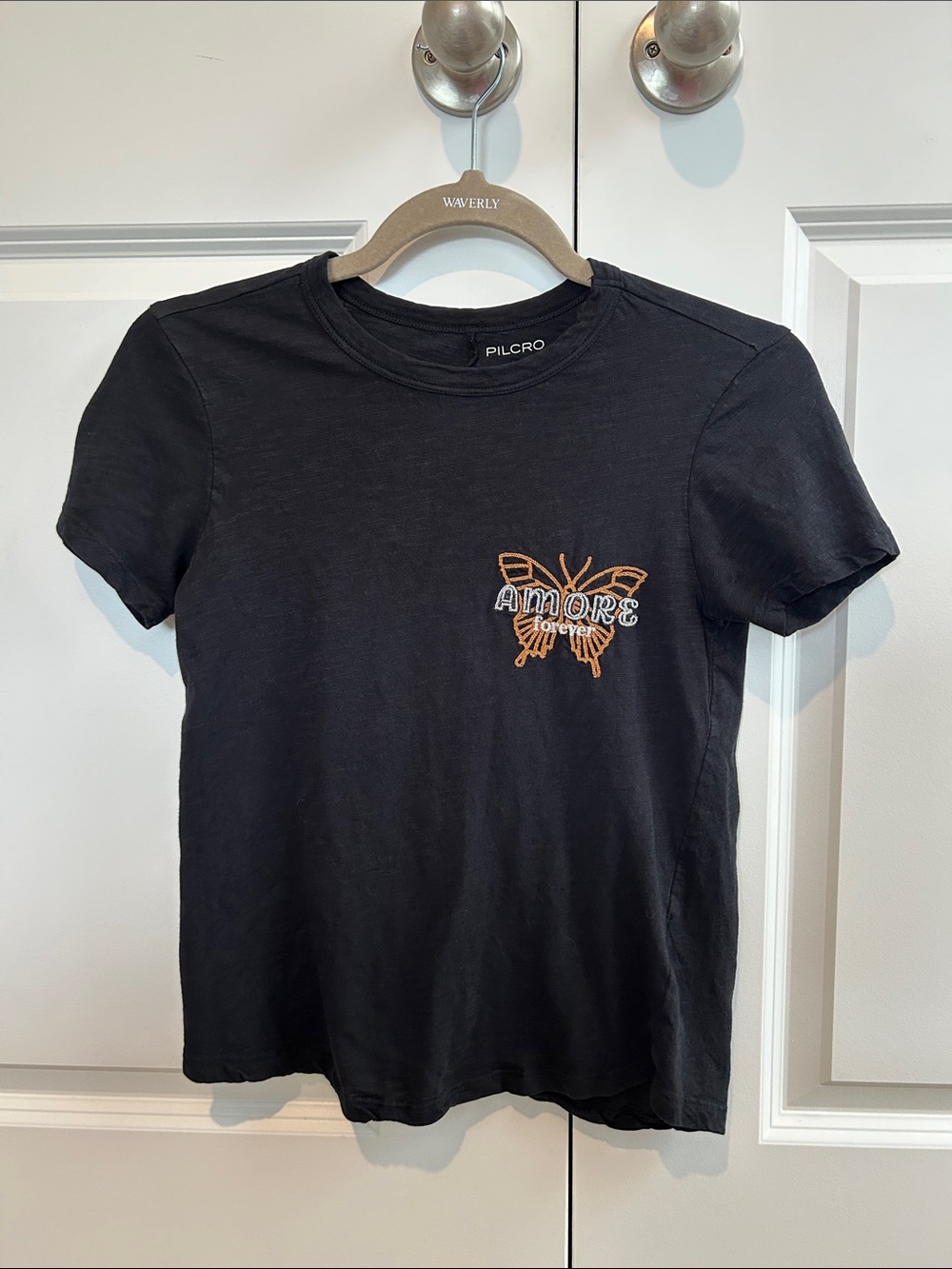 Pilcro Women’s Black 'Amore Forever' Butterfly Embroidered 100% Cotton Tee